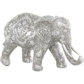Deco 79 Polystone Elephant Decorative Sculpture Engraved Floral Home Decor Statue, Accent Figurine 5" x 12" x 7", Silver