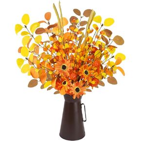 Agusbagli Artificial Fall Flowers with Metal Pot, 22.5" Farmhouse Fall Pumpkin Arrangement with Eucalyptus Leaves Fake Fall Plants Autumn Flowers in Vase for Table Centerpieces Harvest Home Decor
