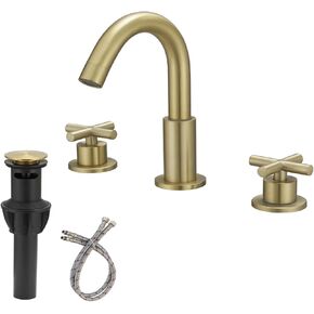 3 Hole Gold Faucets 8 Inch Widespread Bathroom Faucet 2 Cross Handle Lavatory Vanity Sink Modern Brass 3 Piece Mixer Tap for Bathroom Vanity 180 Swivel Spout Deck Mount
