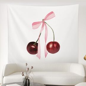 ISANOU Pink Bowknot Cherry Tapestry Wall Hanging,Coquette Room Wall Decor for Women Teen Girls,College Dorm Home Living Room Wall Decoration,50x60 Inches