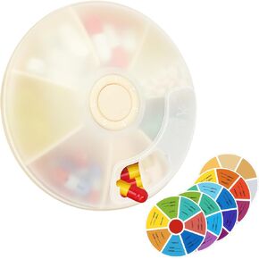 منظم حبوب الدواء الأسبوعي للسفر من FYY - علبة حبوب الدواء بضغطة زر تدور 7 أقسام صندوق حبوب الدواء اليومي المحمول موزع حبوب الدواء مع ملصقات للفيتامينات وزيت السمك والحبوب والمكملات الغذائية - بيج in Kuwait