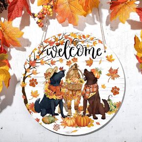 Fall Labrador Dog Door Sign Wooden Pumpkin Maple Leaves Welcome Decoration Orange Wreath Front Door Hanger Farmhouse Autumn Thanksgiving Hanging Sign Rustic Fall Decor for Home Porch Wall