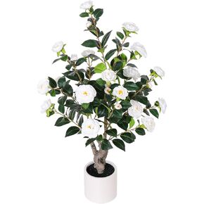 47"Artificial Camellia Tree with White Flower Pots - Yellow Fake Flower Plants,Faux Floral Tree Blooming Flowers in Decorative Pot,Artificial plants for Home Front Door decor Indoor & Outdoor