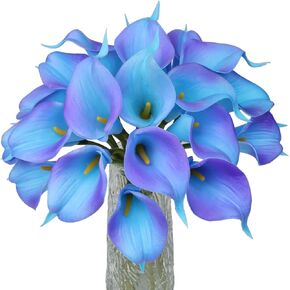 20pcs Artificial Calla Lily Bridal Wedding Bouquet PU Latex Real Touch Flowers for Home Kitchen & Wedding Decorations -Teal Blue in White
