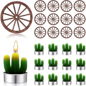 Junkin 24 Pcs Western Theme Party Decorations Birthday Table Centerpieces Mini Cactus Candles Horseshoes Wagon Wheels Horse Rodeo Decor for Crafts Wedding Party Favor (Cactus Candles, Wagon Wheels)