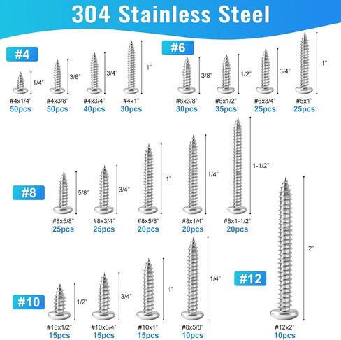460PCS Stainless Steel Wood Screws Assortment Kit, 18 Sizes #4#6#8#10#12 Phillips Pan Head Sheet Metal Screws Self Tapping Screws Set for Wood Deck Drywall Concrete Screws, Length 1/4" to 2" in Saudi Arabia