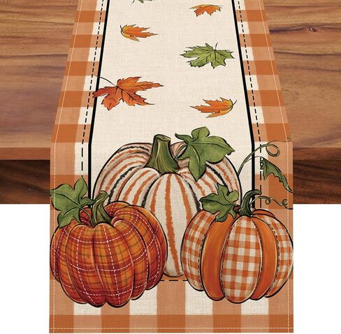 Seliem Thanksgiving Thankful Pumpkin Table Runner, Fall Maple Leaves Buffalo Plaid Check Farmhouse Kitchen Dining Table Decor, Autumn Holiday Home Decoration Indoor Outdoor Party Supply 13 x 72 Inches in Kuwait
