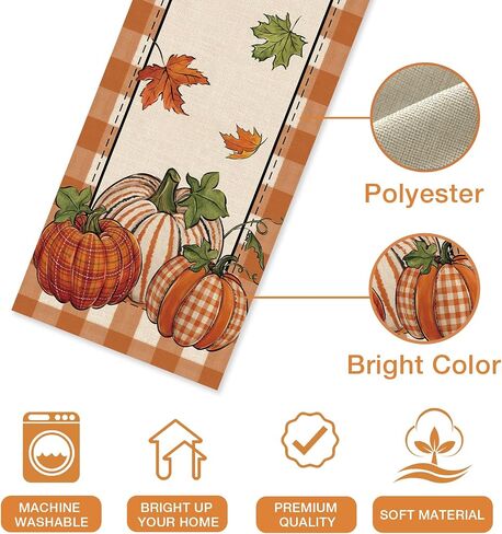 Seliem Thanksgiving Thankful Pumpkin Table Runner, Fall Maple Leaves Buffalo Plaid Check Farmhouse Kitchen Dining Table Decor, Autumn Holiday Home Decoration Indoor Outdoor Party Supply 13 x 72 Inches in Kuwait