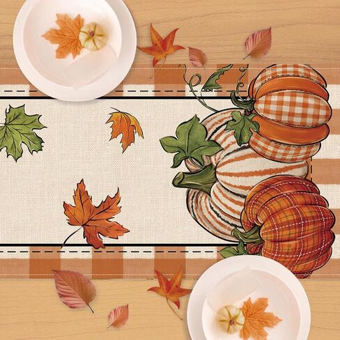 Seliem Thanksgiving Thankful Pumpkin Table Runner, Fall Maple Leaves Buffalo Plaid Check Farmhouse Kitchen Dining Table Decor, Autumn Holiday Home Decoration Indoor Outdoor Party Supply 13 x 72 Inches in Kuwait