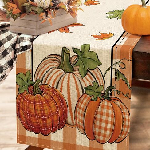 Seliem Thanksgiving Thankful Pumpkin Table Runner, Fall Maple Leaves Buffalo Plaid Check Farmhouse Kitchen Dining Table Decor, Autumn Holiday Home Decoration Indoor Outdoor Party Supply 13 x 72 Inches in Kuwait