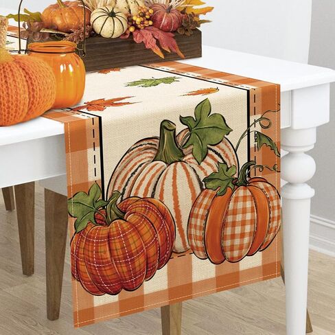 Seliem Thanksgiving Thankful Pumpkin Table Runner, Fall Maple Leaves Buffalo Plaid Check Farmhouse Kitchen Dining Table Decor, Autumn Holiday Home Decoration Indoor Outdoor Party Supply 13 x 72 Inches in Kuwait