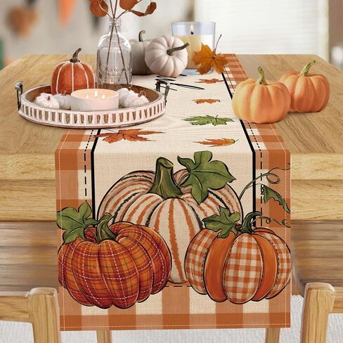 Seliem Thanksgiving Thankful Pumpkin Table Runner, Fall Maple Leaves Buffalo Plaid Check Farmhouse Kitchen Dining Table Decor, Autumn Holiday Home Decoration Indoor Outdoor Party Supply 13 x 72 Inches in Kuwait