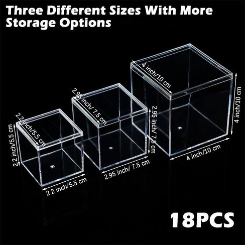 صندوق أكريليك مع غطاء، 18 قطعة من صندوق الأكريليك الشفاف مع غطاء من البلاستيك مربع الشكل وصناديق تخزين صناديق تخزين مقاس 4x4x4/2.2x2.2x2.2/3 × 3 × 3 بوصة لحبوب الحلوى والمجوهرات الصغيرة in Kuwait