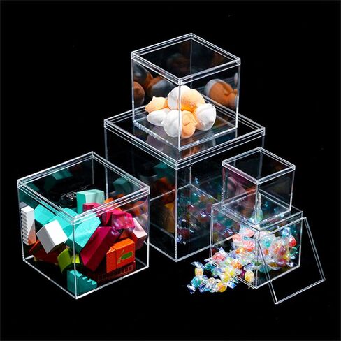 صندوق أكريليك مع غطاء، 18 قطعة من صندوق الأكريليك الشفاف مع غطاء من البلاستيك مربع الشكل وصناديق تخزين صناديق تخزين مقاس 4x4x4/2.2x2.2x2.2/3 × 3 × 3 بوصة لحبوب الحلوى والمجوهرات الصغيرة in Kuwait