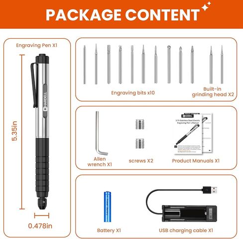 هارديل قلم نقش صغير قابل لاعادة الشحن مع 10 رؤوس طحن دوارة، قلم نقش كهربائي صغير لاسلكي محمول للمجوهرات والزجاج والخشب والحجر والمعدن in Kuwait