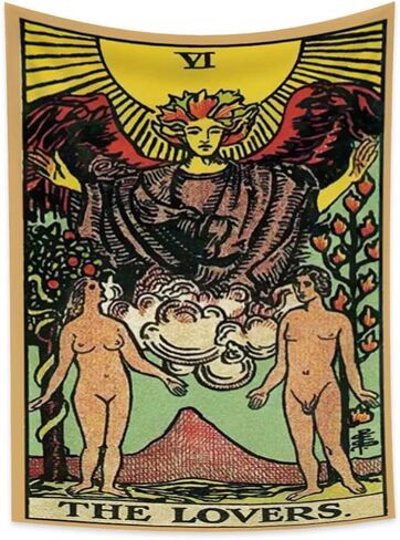 التارو نسيج العشاق زوجين الرجال امرأة الوقوف تحت شجرة خمر الجدار شنقا الفن في العصور الوسطى أوروبا العرافة الرجعية العمودي ملصق البوليستر بطانية لغرفة النوم غرفة المعيشة النوم 27.6 "x33.9" in Kuwait