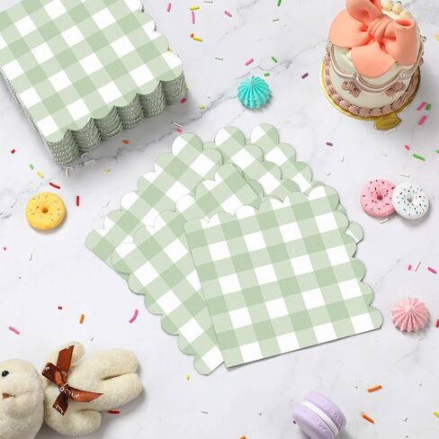 Seajan 100 Pieces Scalloped Cocktail Napkins Plaid Thick Paper Napkins Disposable Scalloped Napkins for Party Decorations Wedding Birthday Dinner Beverage Supplies, 5 x 5 Inches (Sage Green) in Saudi Arabia