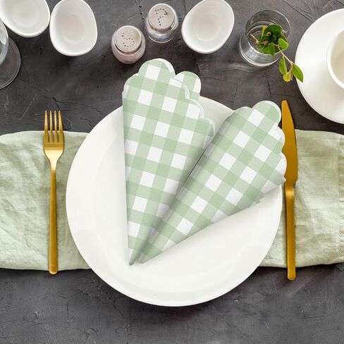 Seajan 100 Pieces Scalloped Cocktail Napkins Plaid Thick Paper Napkins Disposable Scalloped Napkins for Party Decorations Wedding Birthday Dinner Beverage Supplies, 5 x 5 Inches (Sage Green) in Saudi Arabia