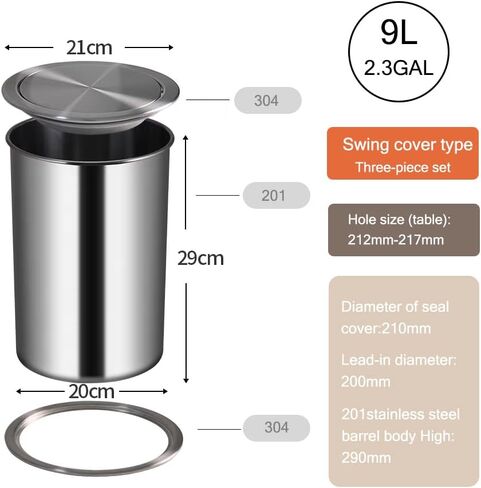 9L /2.3Gal خزانة المطبخ كونترتوب سلة المهملات المدمجة من الفولاذ المقاوم للصدأ، سلة المهملات المدمجة مع غطاء، (مجموعة 9L فضية) in Kuwait