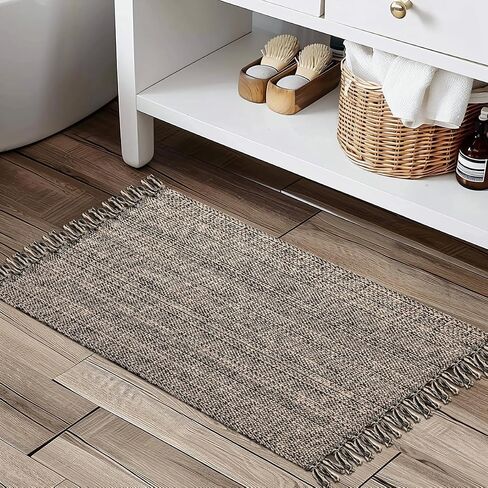 Boho Bathroom Rug, 2' x 3' Small Area Rug Hand-Woven Low Profile Entryway Rug with Tassels, Natural/Black Cotton Braided Reversible Washable Kitchen Mat Farmhouse Throw Carpet for Foyer Bedroom in Saudi Arabia