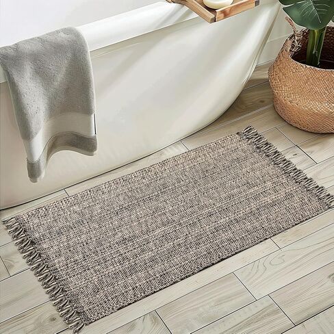 Boho Bathroom Rug, 2' x 3' Small Area Rug Hand-Woven Low Profile Entryway Rug with Tassels, Natural/Black Cotton Braided Reversible Washable Kitchen Mat Farmhouse Throw Carpet for Foyer Bedroom in Saudi Arabia