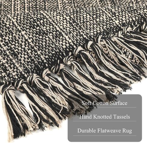 Boho Bathroom Rug, 2' x 3' Small Area Rug Hand-Woven Low Profile Entryway Rug with Tassels, Natural/Black Cotton Braided Reversible Washable Kitchen Mat Farmhouse Throw Carpet for Foyer Bedroom in Saudi Arabia