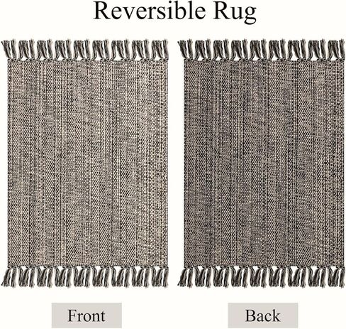 Boho Bathroom Rug, 2' x 3' Small Area Rug Hand-Woven Low Profile Entryway Rug with Tassels, Natural/Black Cotton Braided Reversible Washable Kitchen Mat Farmhouse Throw Carpet for Foyer Bedroom in Saudi Arabia