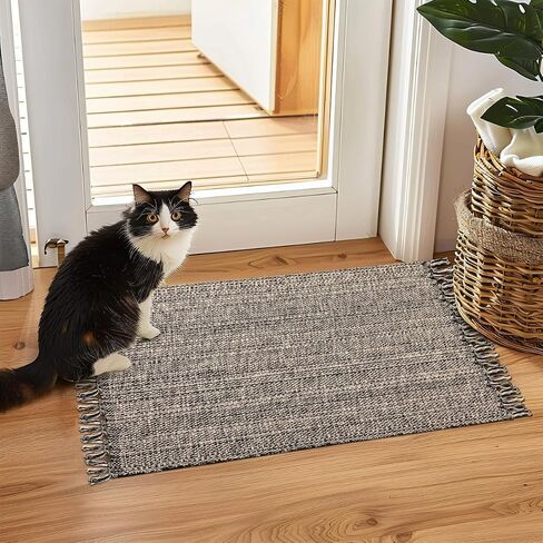 Boho Bathroom Rug, 2' x 3' Small Area Rug Hand-Woven Low Profile Entryway Rug with Tassels, Natural/Black Cotton Braided Reversible Washable Kitchen Mat Farmhouse Throw Carpet for Foyer Bedroom in Saudi Arabia