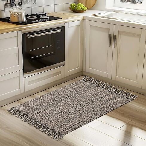 Boho Bathroom Rug, 2' x 3' Small Area Rug Hand-Woven Low Profile Entryway Rug with Tassels, Natural/Black Cotton Braided Reversible Washable Kitchen Mat Farmhouse Throw Carpet for Foyer Bedroom in Saudi Arabia