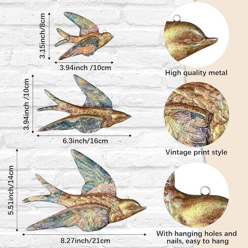 Yaocom Set of 3 Printed Gold Flying Birds Decor Plane Metal Floral Swallow Bird Home Decor Flat Hanging Vintage Swallows Mounted Ornament Bird Wall Art Sculptures Brass Wall Decor for Bedroom Garden in Saudi Arabia