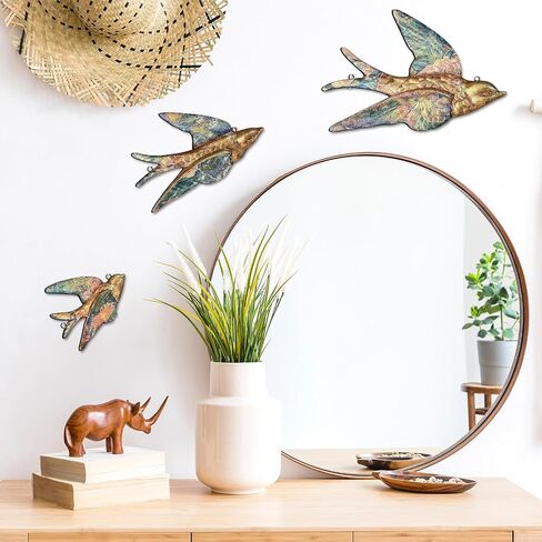 Yaocom Set of 3 Printed Gold Flying Birds Decor Plane Metal Floral Swallow Bird Home Decor Flat Hanging Vintage Swallows Mounted Ornament Bird Wall Art Sculptures Brass Wall Decor for Bedroom Garden in Saudi Arabia