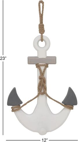 Deco 79 Wooden Anchor Home Wall Decor Wall Sculpture with Hanging Rope, Wall Art 12" x 1" x 23", White in Saudi Arabia