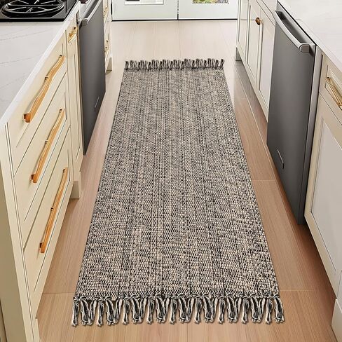 Boho Bathroom Rug, 2' x 3' Small Area Rug Hand-Woven Low Profile Entryway Rug with Tassels, Natural/Black Cotton Braided Reversible Washable Kitchen Mat Farmhouse Throw Carpet for Foyer Bedroom in Saudi Arabia