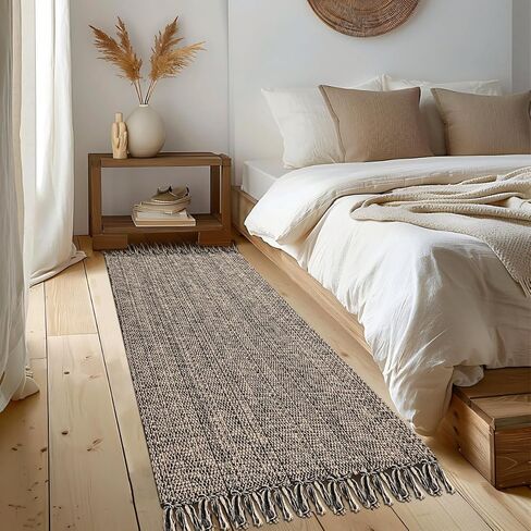Boho Bathroom Rug, 2' x 3' Small Area Rug Hand-Woven Low Profile Entryway Rug with Tassels, Natural/Black Cotton Braided Reversible Washable Kitchen Mat Farmhouse Throw Carpet for Foyer Bedroom in Saudi Arabia
