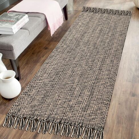 Boho Bathroom Rug, 2' x 3' Small Area Rug Hand-Woven Low Profile Entryway Rug with Tassels, Natural/Black Cotton Braided Reversible Washable Kitchen Mat Farmhouse Throw Carpet for Foyer Bedroom in Saudi Arabia