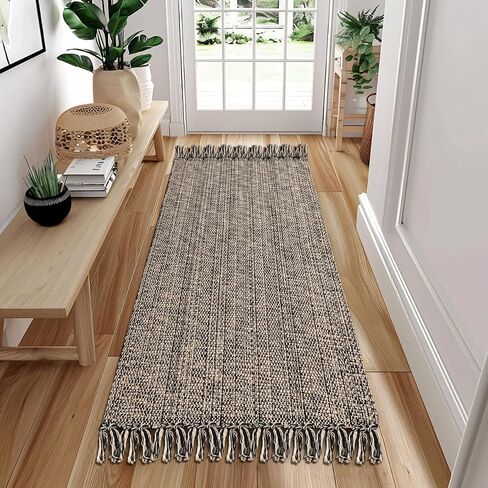 Boho Bathroom Rug, 2' x 3' Small Area Rug Hand-Woven Low Profile Entryway Rug with Tassels, Natural/Black Cotton Braided Reversible Washable Kitchen Mat Farmhouse Throw Carpet for Foyer Bedroom in Saudi Arabia