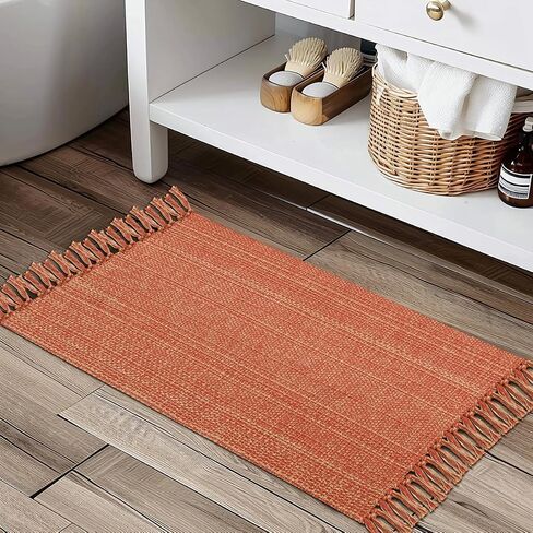 Boho Bathroom Rug, 2' x 3' Small Area Rug Hand-Woven Low Profile Entryway Rug with Tassels, Natural/Black Cotton Braided Reversible Washable Kitchen Mat Farmhouse Throw Carpet for Foyer Bedroom in Saudi Arabia