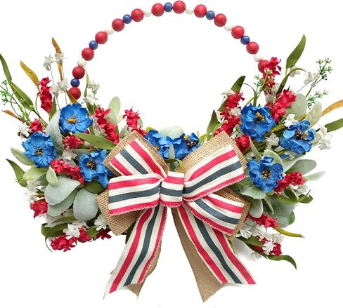 TEMPUS 16 "إكليل حبة خشبية ثلاثية الألوان الوطنية، أحمر أبيض وأزرق يوم الاستقلال الأزهار الخيش القوس إكليل، للباب الأمامي يوم الذكرى يوم العلم يوم المحاربين القدامى in Kuwait