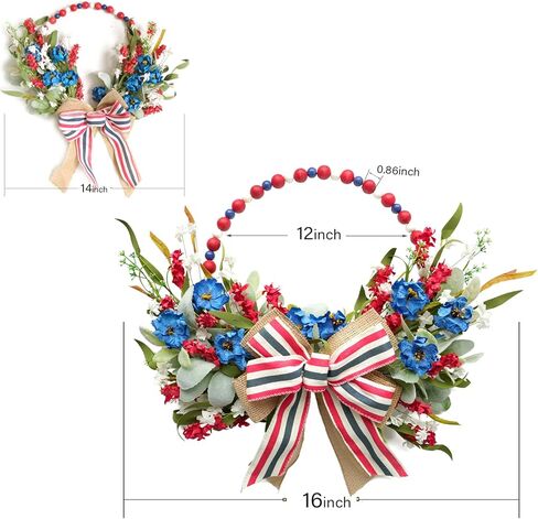 TEMPUS 16 "إكليل حبة خشبية ثلاثية الألوان الوطنية، أحمر أبيض وأزرق يوم الاستقلال الأزهار الخيش القوس إكليل، للباب الأمامي يوم الذكرى يوم العلم يوم المحاربين القدامى in Kuwait