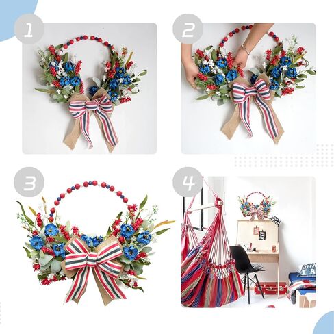 TEMPUS 16 "إكليل حبة خشبية ثلاثية الألوان الوطنية، أحمر أبيض وأزرق يوم الاستقلال الأزهار الخيش القوس إكليل، للباب الأمامي يوم الذكرى يوم العلم يوم المحاربين القدامى in Kuwait