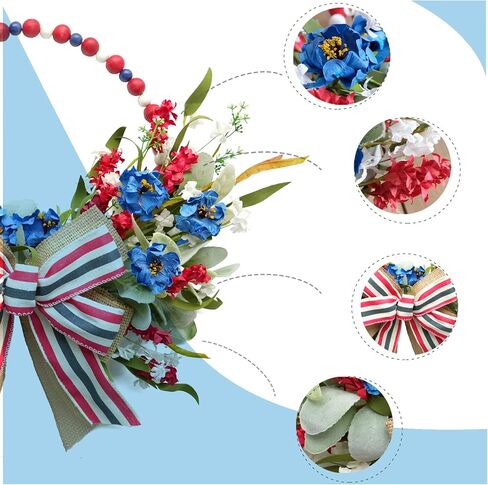 TEMPUS 16 "إكليل حبة خشبية ثلاثية الألوان الوطنية، أحمر أبيض وأزرق يوم الاستقلال الأزهار الخيش القوس إكليل، للباب الأمامي يوم الذكرى يوم العلم يوم المحاربين القدامى in Kuwait