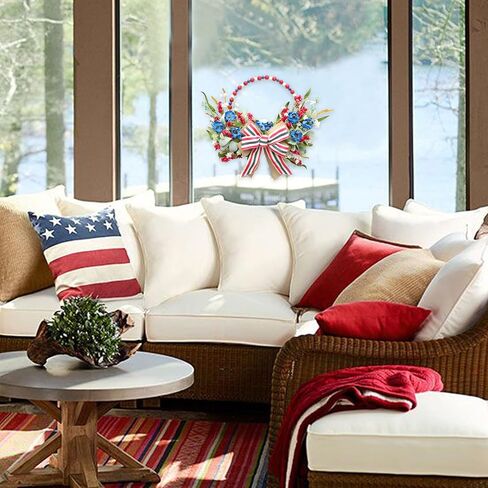 TEMPUS 16 "إكليل حبة خشبية ثلاثية الألوان الوطنية، أحمر أبيض وأزرق يوم الاستقلال الأزهار الخيش القوس إكليل، للباب الأمامي يوم الذكرى يوم العلم يوم المحاربين القدامى in Kuwait