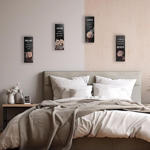 4 Pcs Purple Bathroom Decor Purple Rose Wooden Wall Decor Inspirational Farmhouse Signs With Faith Love Dream Believe Purple Decor For Women Office Bedroom Home Gift(Purple 12x4Inch) in Kuwait