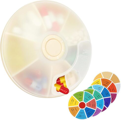 منظم حبوب الدواء الأسبوعي للسفر من FYY - علبة حبوب الدواء بضغطة زر تدور 7 أقسام صندوق حبوب الدواء اليومي المحمول موزع حبوب الدواء مع ملصقات للفيتامينات وزيت السمك والحبوب والمكملات الغذائية - بيج in Kuwait