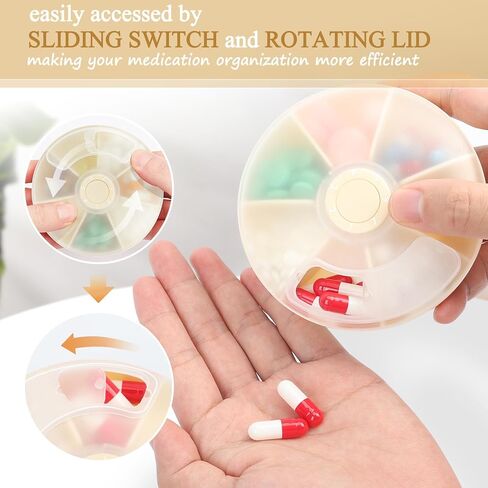 منظم حبوب الدواء الأسبوعي للسفر من FYY - علبة حبوب الدواء بضغطة زر تدور 7 أقسام صندوق حبوب الدواء اليومي المحمول موزع حبوب الدواء مع ملصقات للفيتامينات وزيت السمك والحبوب والمكملات الغذائية - بيج in Kuwait