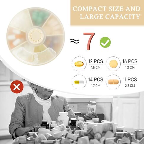 منظم حبوب الدواء الأسبوعي للسفر من FYY - علبة حبوب الدواء بضغطة زر تدور 7 أقسام صندوق حبوب الدواء اليومي المحمول موزع حبوب الدواء مع ملصقات للفيتامينات وزيت السمك والحبوب والمكملات الغذائية - بيج in Kuwait