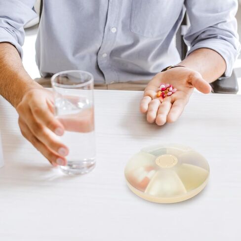 منظم حبوب الدواء الأسبوعي للسفر من FYY - علبة حبوب الدواء بضغطة زر تدور 7 أقسام صندوق حبوب الدواء اليومي المحمول موزع حبوب الدواء مع ملصقات للفيتامينات وزيت السمك والحبوب والمكملات الغذائية - بيج in Kuwait