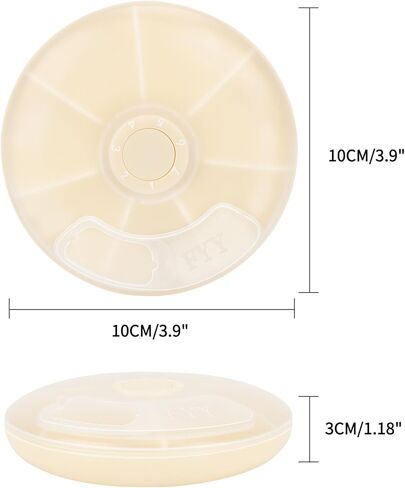 منظم حبوب الدواء الأسبوعي للسفر من FYY - علبة حبوب الدواء بضغطة زر تدور 7 أقسام صندوق حبوب الدواء اليومي المحمول موزع حبوب الدواء مع ملصقات للفيتامينات وزيت السمك والحبوب والمكملات الغذائية - بيج in Kuwait