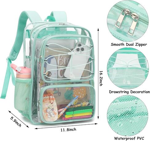Clear School Backpack for Girls Women, Kids Teens Heavy Duty See Through College Bookbag Transparent School Bag (Mint Green) in Saudi Arabia