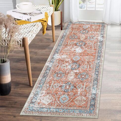 Washable Runner Rug 2x6 Runners for Hallways Non Slip Bathroom Rugs Vintage Area Rug Soft Bedroom Rug Farmhouse Throw Rugs Kitchen Rugs Entryway Rugs Stain Resistant Carpet 2'x6' Terracotta in Saudi Arabia